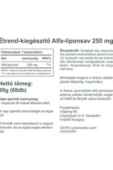 Vitaking ALA-250 Alpha Lipoic Acid 250 mg supplement facts and ingredients label.